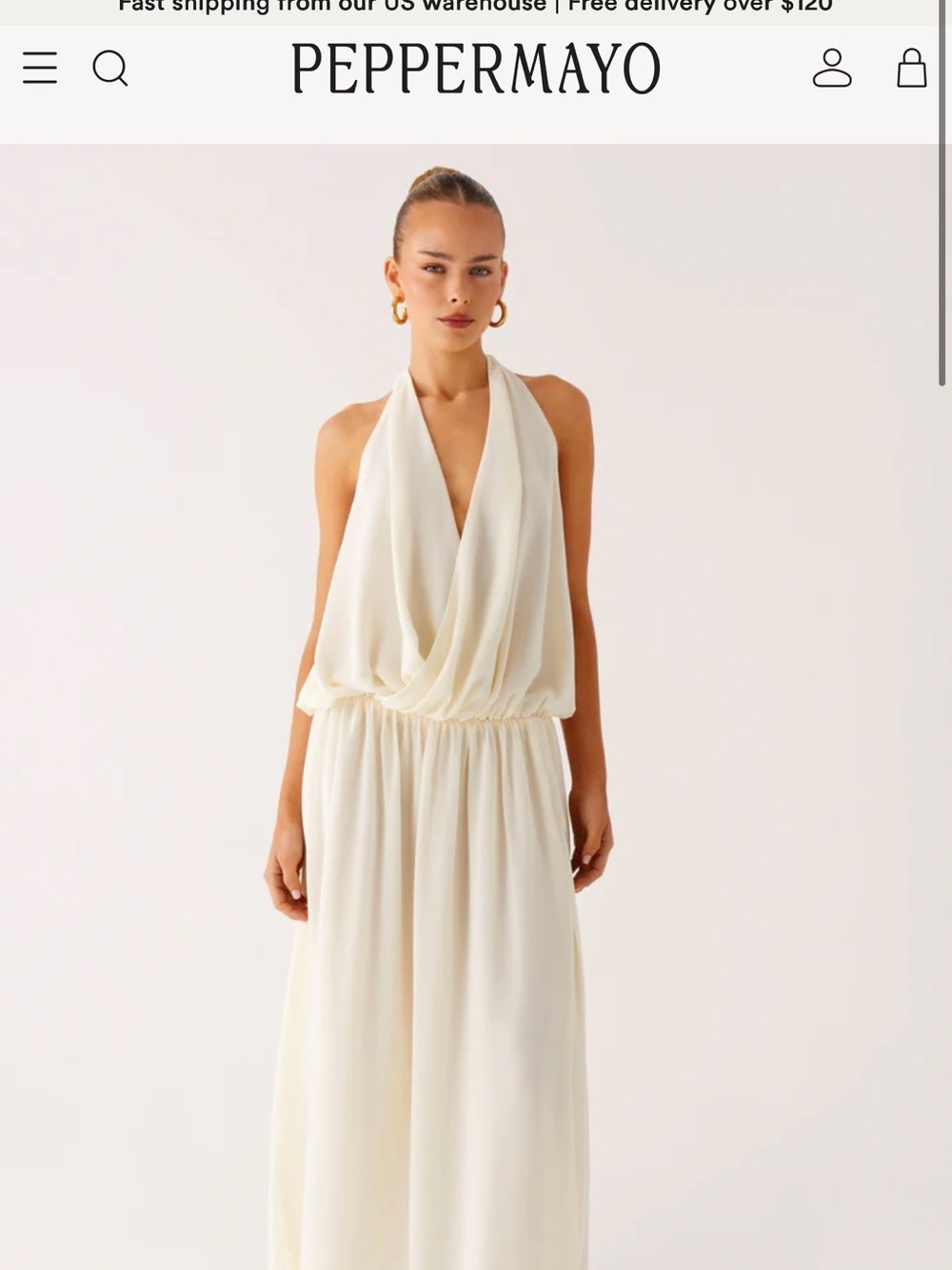 PEPPERMAYO Cream Halter Draped Maxi Gown